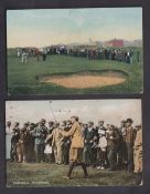 Golf postcards, two colour printed cards, J.H. Taylor putting in the Open 1900 at St. Andrews, by