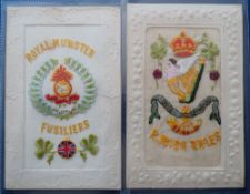 Postcards, Silks, a pair of Irish military embroidered silk badges for Royal Irish Rifles with Irish