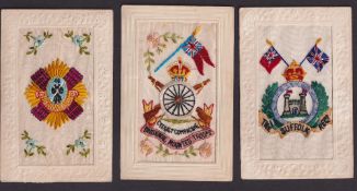 Postcards, Silks, 3 military embroidered silks, inc. The Suffolk Regt with castle to centre of