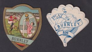 Trade cards, Football, Baines, Burnley, two shaped cards, 'Play Up Burnley Boys' (fan shaped) & '