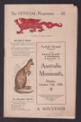 Rugby programme, Monmouthshire v Australia 19th October, 1908 played at Pontypool, seldom seen