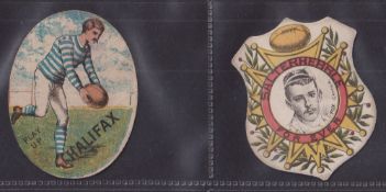 Trade cards, Rugby, 2 Baines style shaped cards, 1 anonymous plain back Salterhebble (Fox, Captain
