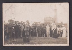 Golf postcard, Turnberry, photographic card showing gathering on tee for Opening of Turnberry with