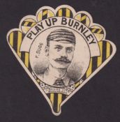 Trade card, Frank Sugg, Burnley, a Baines, fan shaped card, 'Play Up Burnley', showing F. Sugg