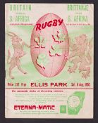 Rugby programme, South Africa v British Lions, 6th August 1955, 1st test match programme for game