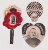 Trade cards, 3 shaped Football/Rugby cards, John Proctor, Malt Shovel Inn, heart shaped card, '