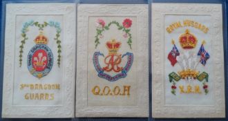 Postcards, Silks, a military badge selection of 3 embroidered silk cards, inc. Q.O.O.H (Queen's