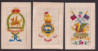 Postcards, Silks, 3 embroidered silk regimental badges for Monmouthshire with dragon in centre of