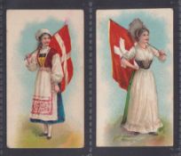 Cigarette cards, India, Crown Tobacco Co, National Types, Costumes & Flags, two cards, Denmark &