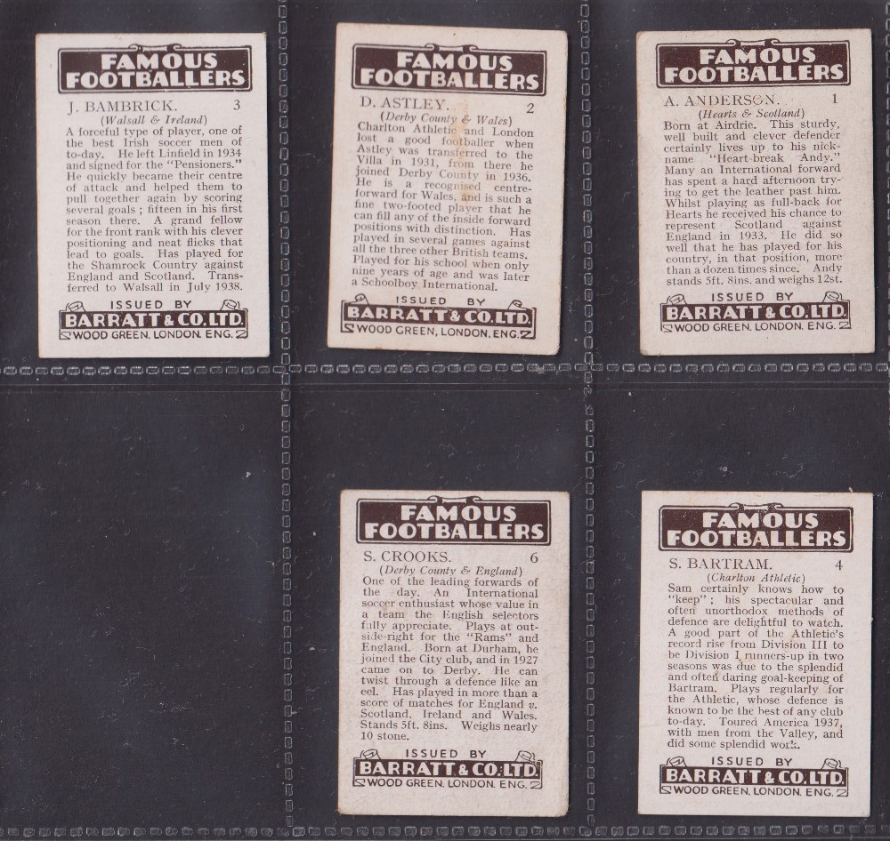 Trade cards, Football, Barratt Famous Footballers 1938/39 'D' BAR280 numbered, 5 cards 1, 2, 3, 4, 6 - Image 2 of 2