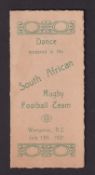 Rugby memorabilia, small four page dance card from the South African Rugby Football Team visit to