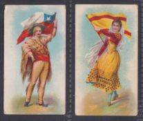 Cigarette cards, India, Crown Tobacco Co, National Types, Costumes & Flags, two cards, Chile & Spain