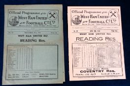 Football programmes, West Ham Reserves v Reading Reserves, two London Combination match