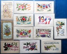 Postcards, Silks, an embroidered WW1 period silk selection of 12 cards, inc. year dates 1915 & 1917,