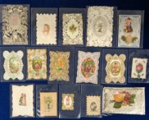Valentines Cards, 20 Georgian and Victorian cards all hand assembled from paper lace, scraps, fabric