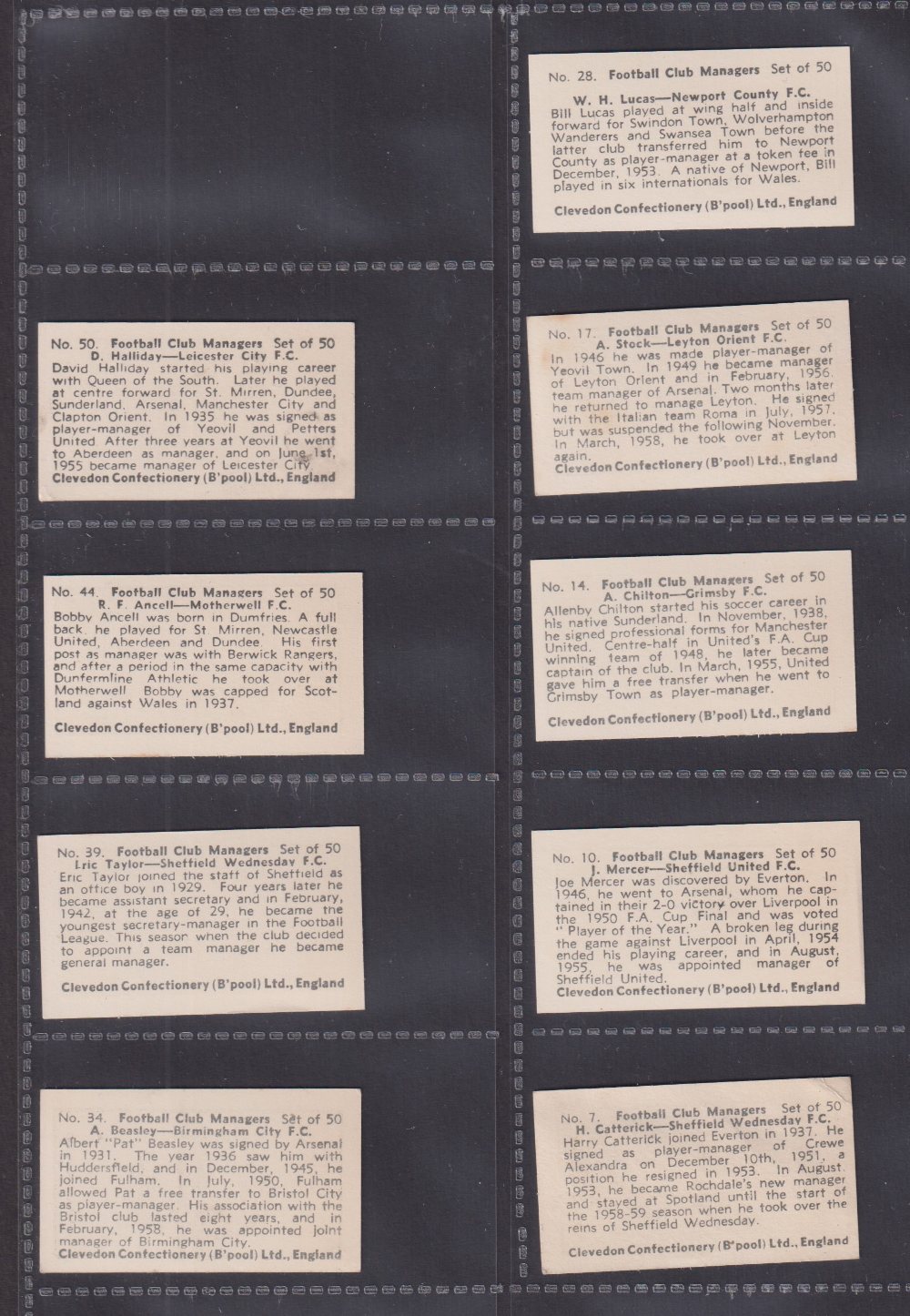 Trade cards, Football, Clevedon Confectionery Football Club Managers, 9 cards numbers 7, 10, 14, 17, - Image 2 of 2