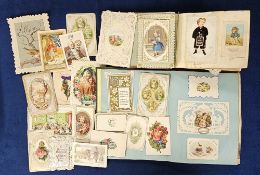 Scrap Albums and Greetings Cards, 2 small format albums containing a selection of mid Victorian