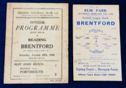 Football programmes, Reading v Brentford, two programmes, 20 January 1940, F.L. Regional League -