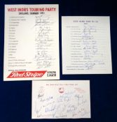 Cricket autographs, West Indies, three Official headed tour sheets for tours to the UK, multiple