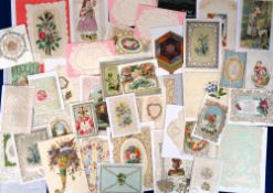 Victorian Greetings Cards, 60 good quality cards to include lace, silk, embossed, gilded,