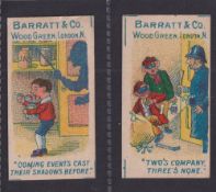 Trade cards, Barratt's, Proverbs, two cards, 'Coming Events Cast Their Shadows Before!' & 'Two's