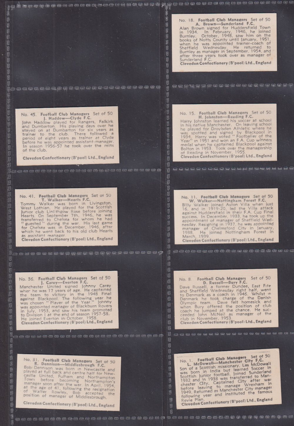 Trade cards, Football, Clevedon Confectionery Football Club Managers, 9 cards numbers 1, 8, 11, - Image 2 of 2