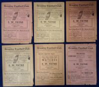 Football programmes, Bromley FC, six home programmes, v Hitchin 1946/47, v Finchley 1947/48, v