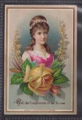 Trade card, Li-Quor Tea Co, Tower Hill, London, advertising card, Girl in half Circle of flowers