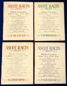 Royal Ascot, a set of four racecards from 1937, dated 15th-18th July inclusive, including The Gold