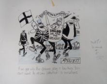 Football cartoon, Roy Ullyett, original ink cartoon showing comic England Football Fans with the