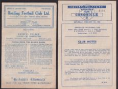 Football programmes, two programmes, Crystal Palace v Reading 9 Feb 1946 & Reading v Crystal