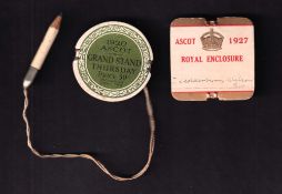 Royal Ascot, two card badges, one circular for The Grandstand dated 1920 with pencil attached, the