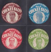 Trade cards, Barratt's, Cricket Balls, four cards, F. E. Wolley Kent (Brown), H. Larwood Notts (