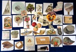 Greetings Cards, 34 Victorian die cut cards to include pot of jam, boots, top hat, cheese with