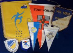 Football pennants, 9 football pennants, various sizes inc. Strombeek 1966, Koblenz (x 2