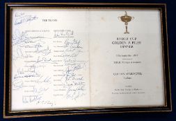 Golf autographs, Ryder Cup, 1977 held at Royal Lytham St Annes Golf Club. A framed & glazed Golden