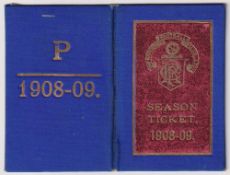 Glasgow Rangers, Season Ticket Book 1908-09, a card 'Proprietary Shareholder's Season Ticket', no