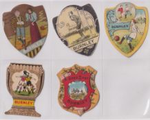 Trade cards, Football, five shield shaped cards, all depicting Burnley, 3 issued by Baines, plus 1