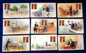 Tobacco advertising, USA, Daniel Webster Cigars, 9 different artist drawn postcards showing Daniel