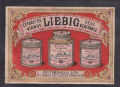 Trade card, Liebig, Postcard sized advert card French language, showing 3 Liebig tins (grubby