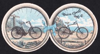 Advertising Card, Union Cycle Mfg. Co., Boston Mass, a die cut circular folding card circa 1885