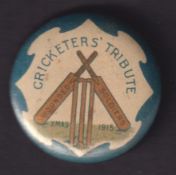 Trade issue, A.W. Patrick, Cricket, circular badge 'Cricketers' Tribute Wounded Soldiers, Xmas 1915'