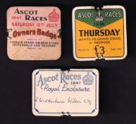 Royal Ascot, three card badges, one for The Royal Enclosure dated 1947, one for The Grandstand and