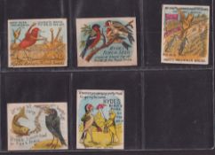 Trade cards, Hyde's Bird Seed, 5 M/L sized advertising cards, 3 cards with plain backs, Over Goes