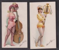 Cigarette cards, USA, Buchner, Musical Instruments, 'X' size, two cards, Bass-Viol & Band Lyre (gd/
