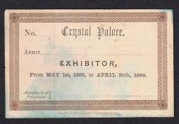 Ephemera, 1863 Crystal Palace Exhibitor Admission Ticket, (approx. size 3.5 x 2.5