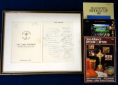 Golf autographs, Ryder Cup, 1985 held at The Belfry. A framed Victory Dinner held at The Warwick