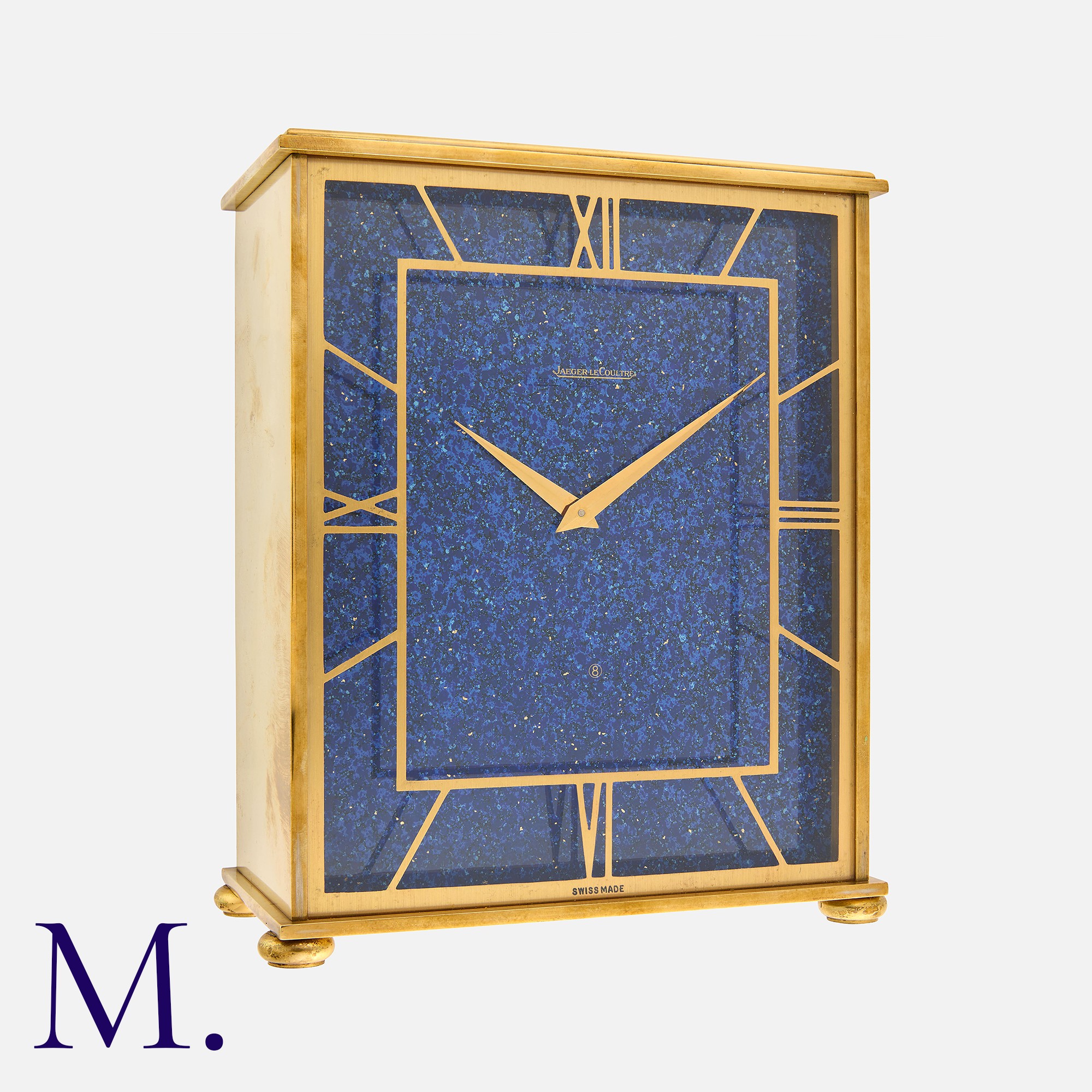 JAEGER LE COULTRE, A VINTAGE LAPIS LAZULI CLOCK, The Large Brass Body with openwork hour marker