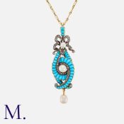 An Antique Turquoise, Pearl And Diamond Pendant Necklace in yellow gold and silver, comprising a