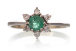 EMERALD AND DIAMOND CLUSTER RING,